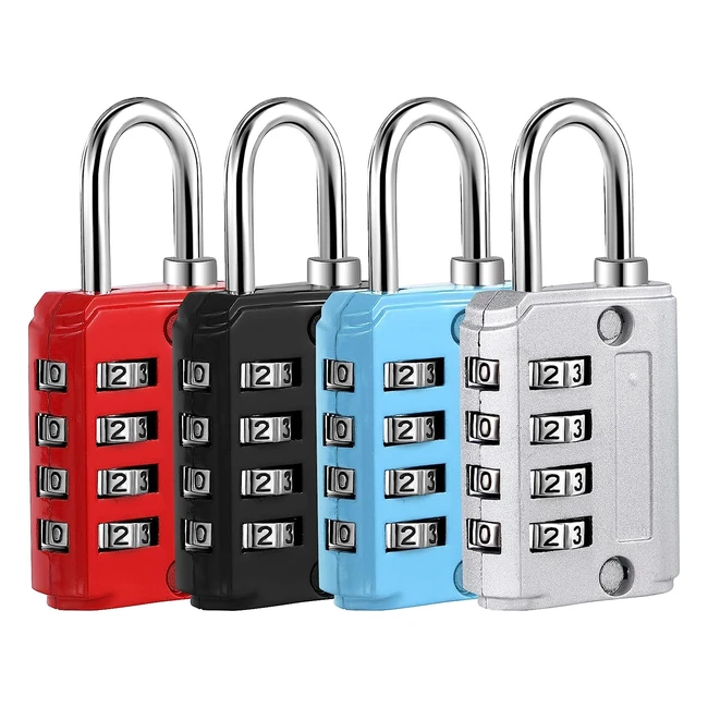 Lot de 4 cadenas à code 4 chiffres en alliage de zinc pour voyage bagage - Argent Noir Bleu Rouge