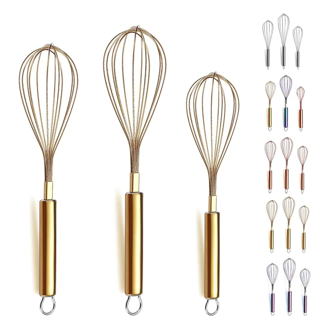 Golden Whiskkyraton Stainless Steel Whisk Set - 8 10 12 Inch - Titanium Plated
