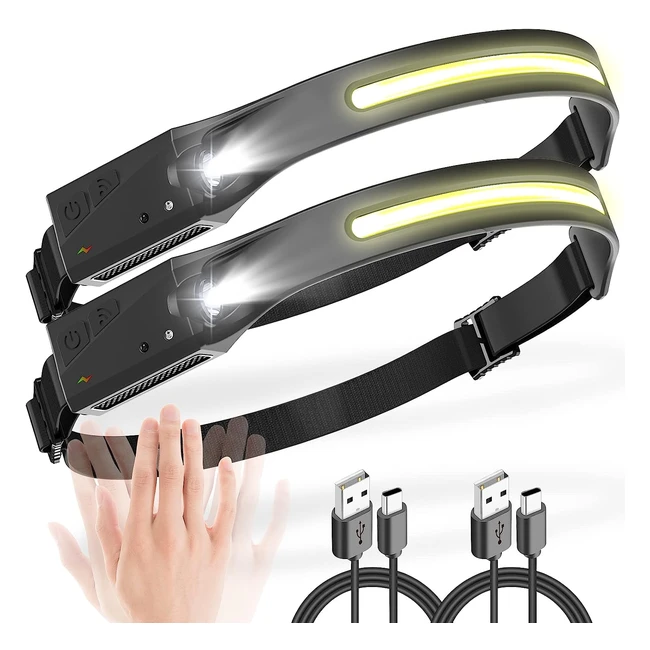 Linterna Frontal LED Recargable 2 Pack - Alta Potencia, 5 Modos de Luz y Sensor de Movimiento