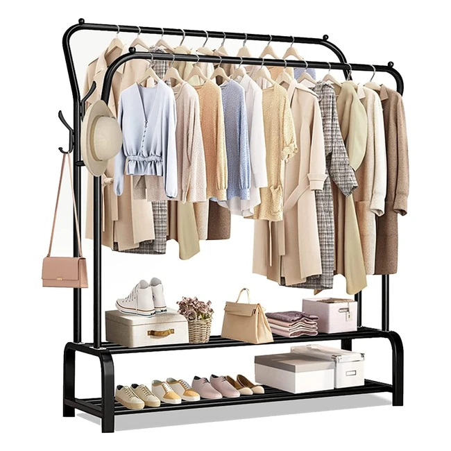 Zhziro Metal Clothes Rail Double Pole Coat Rack - Freestanding Garment Rack with Side Hooks and 2-Tier Storage Shelf
