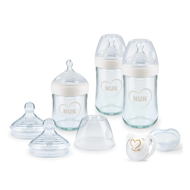 NUK Nature Sense Babyflaschen aus Glas Starter Set, 06 Monate, 3 x Anticolic Babyflaschen, Sauger, Genius Schnuller, BPA-frei