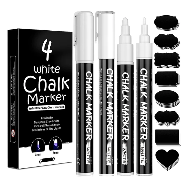 White Chalk Pens Liquid Chalk Pens for Blackboards - 4 Pack, 3mm and 6mm Reversible Tips