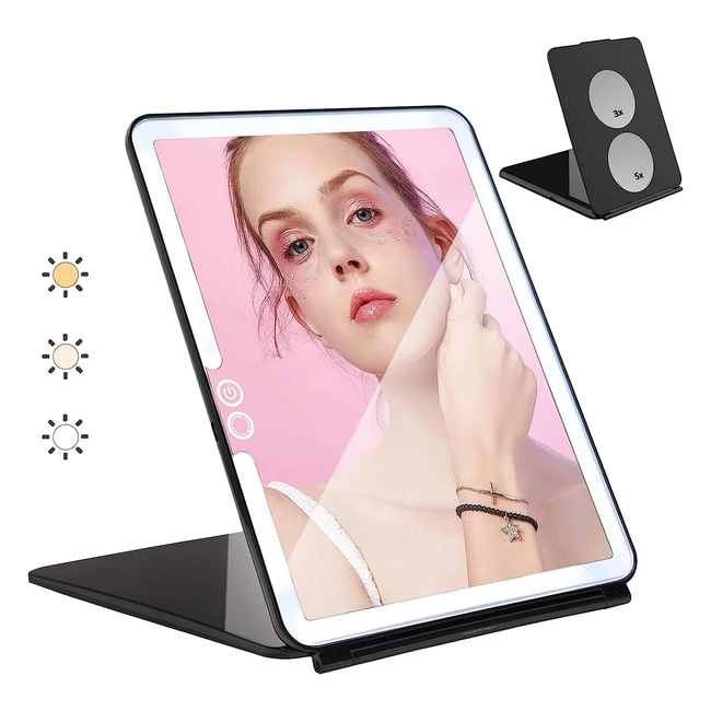 Specchio da trucco a LED Micacorn, ingrandito 3x 5x, ricarica USB, pieghevole, touch screen, 3 colori luminosità regolabile