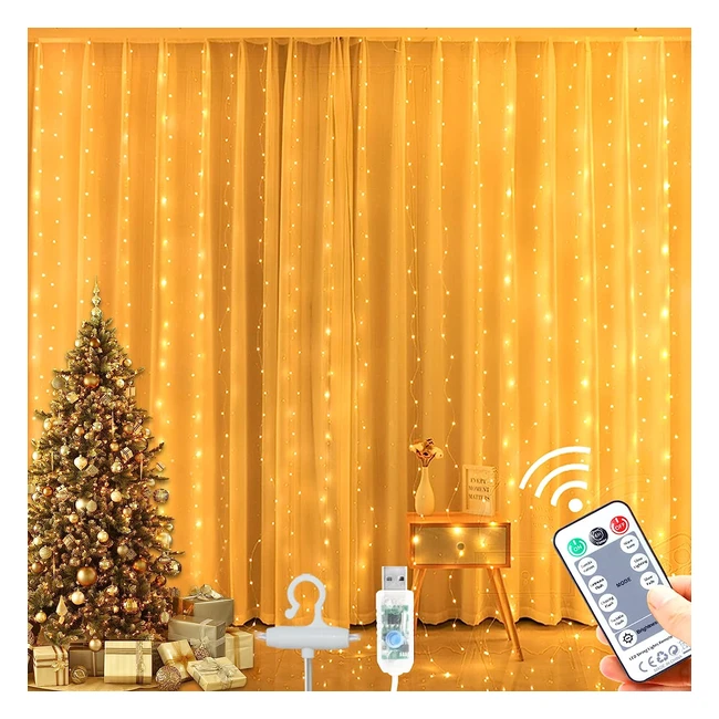 Guirlande Lumineuse Rideau 3x2m 300LED USB - 8 Modes d'éclairage - Étanche - Décoration Noël Mariage Anniversaire