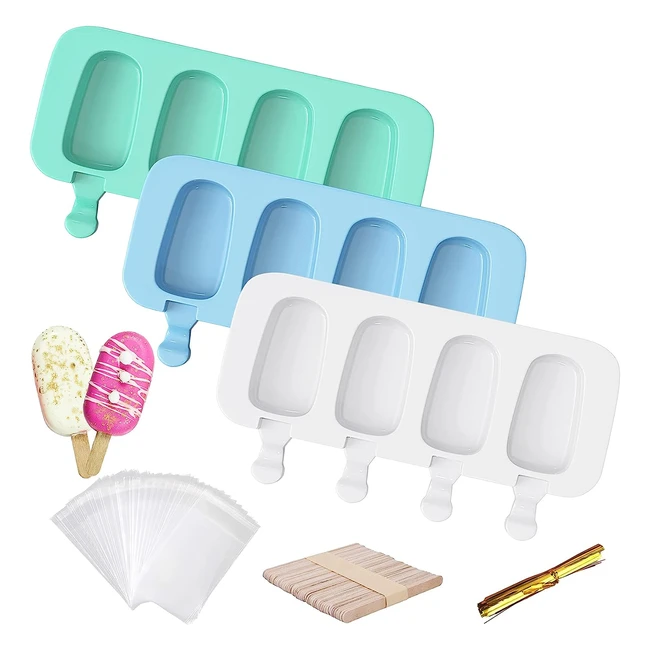 Moldes para helado de silicona - 3 piezas grandes - Sin BPA - Incluye 50 palos de madera, 50 bolsas de embalaje y 50 bridas doradas