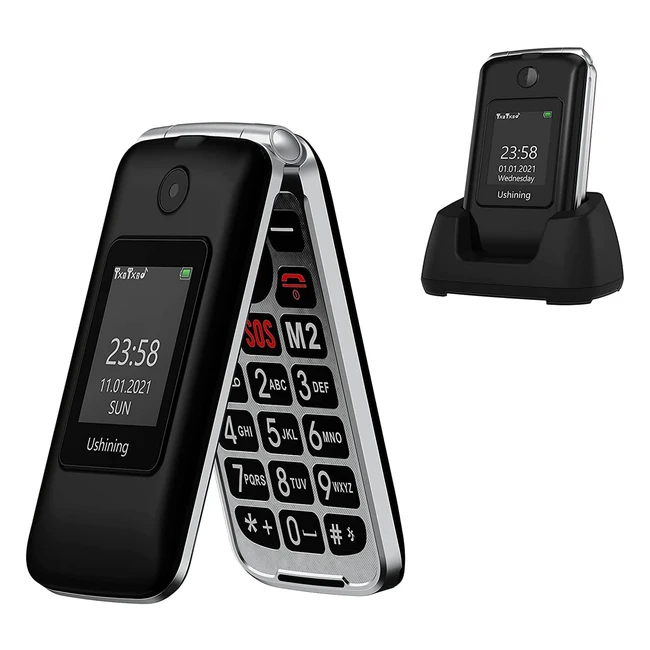 Teléfono Móvil Ushining 3G para Personas Mayores - Teclas Grandes - Botón de Emergencia SOS - Doble SIM - Radio FM - Cámara - Linterna - Negro