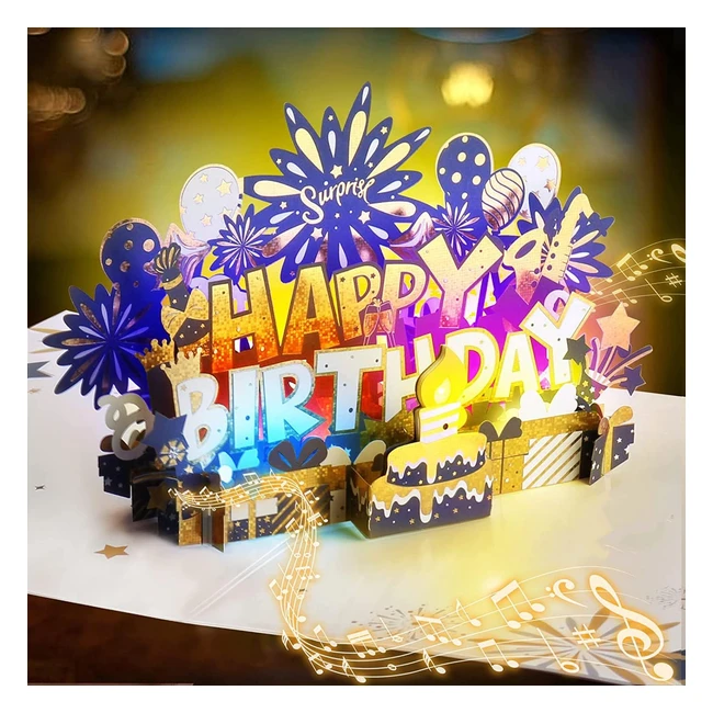 Oakjar Birthday Card Musical - Happy Birthday Cards with Blowable Candle and Light - Large 3D Pop Up Birthday Card - Musical Birthday Gift Greeting Card for Men Women Kids - Blue Gold