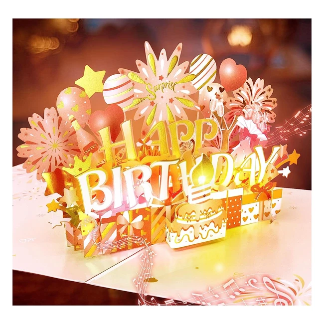 Oakjar Birthday Card Musical - Happy Birthday Cards with Blowable Candle and Light - Large 3D Pop Up Greeting Card - Gifts for Women, Girl, Sister, Mom, Daughter, Kids - Rose Gold