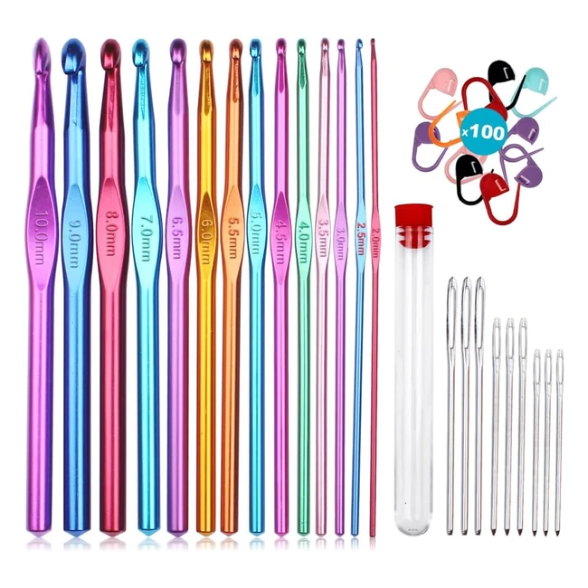Multicolor Crochet Hooks Set - Aluminum Needles with Stitch Markers and Largeeye