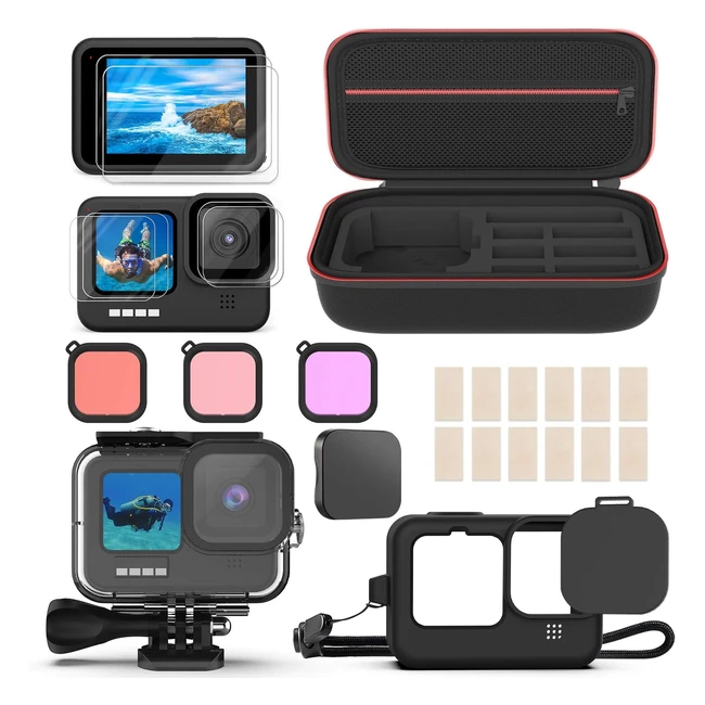 GoPro Hero 9 Accessories Set - Shockproof Small Bag, Waterproof Housing Case, Tempered Glass Screen Protector, Silicone Cover Bundle