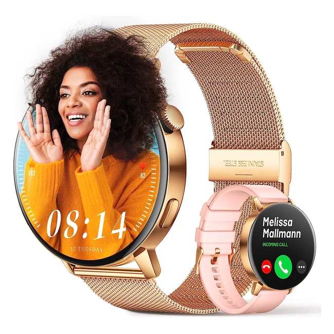 FMK Smartwatch Donna - Chiamate e Risposta Bluetooth - 132 HD Touchscreen - Tracker Fitness con Cardiofrequenzimetro - Monitor Sonno - Contapassi - Cronometro - Smart Watch per Android iPhone