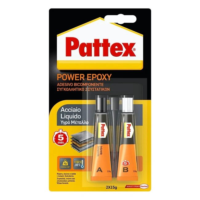 Colle epoxy acier liquide Pattex Power, résine epoxy adhésive forte pour métaux et autres matériaux - 2x15g
