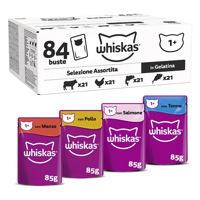 Whiskas Selezione Assortita in Gelatina - Cibo Umido per Gatti - Formato Scorta 84 Bustine da 85g