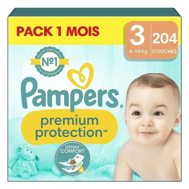 Pampers Couches Premium Protection Taille 3 - 610 kg - 204 Couches Bébé - Pack 1 Mois