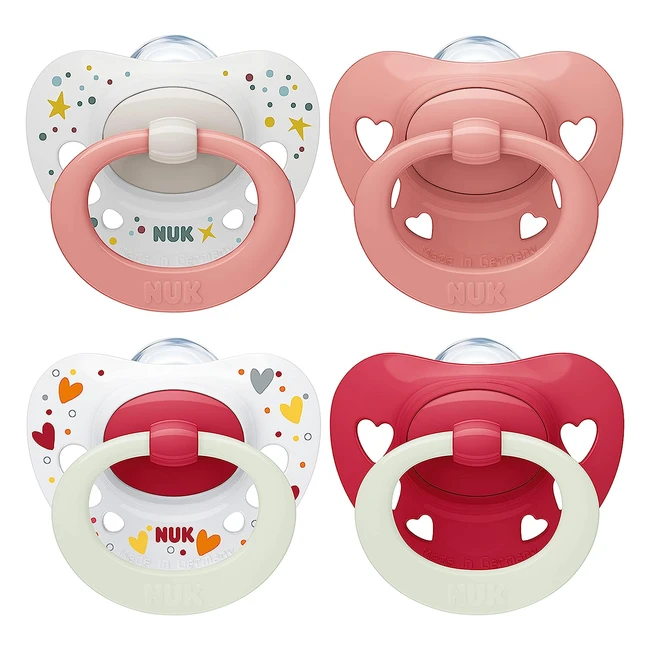 Sucette NUK Signature Day Night pour bébé - Apaise 95% des bébés - Silicone sans BPA - Forme de cœur - Brille dans le noir - Lot de 4