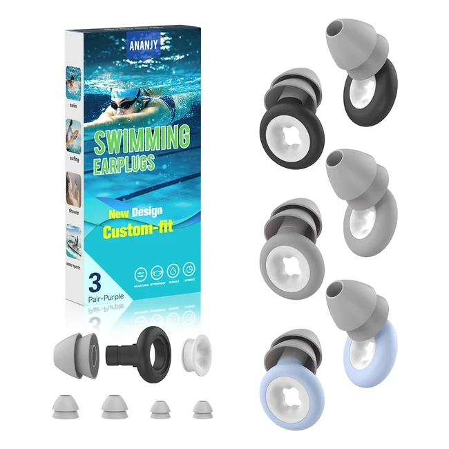 Swim Ear Plugs - Reusable Silicone, Waterproof, Adult - 3 Pairs