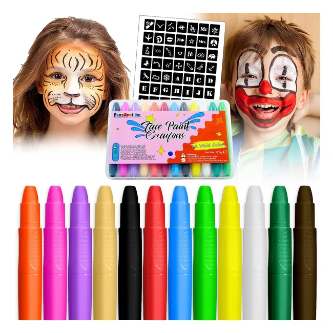 Pintura de Cara para Niños Fansarriche - 12 Colores y 63 Plantillas - No Tóxica y Lavable