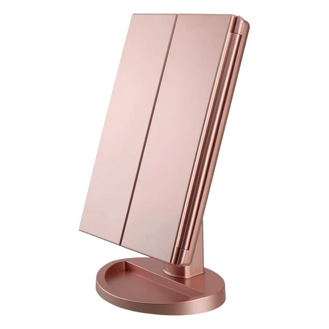 Espejo Iluminado para Maquillaje con 21 Luces LED - Trifold 180° - Aumento 3x2x - Pantalla Táctil - Oro Rosa