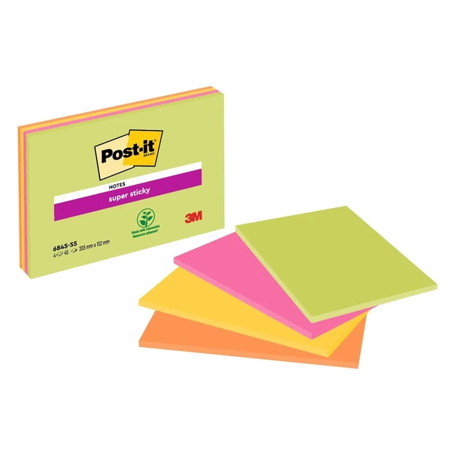 Post-it Super Sticky Meeting Notes - Pack of 4 Pads - 45 Sheets per Pad - Large Extra Sticky - Green, Pink, Yellow, Orange - 203mm x 152mm