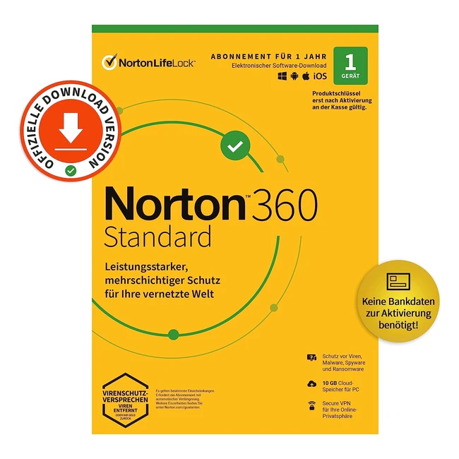 Norton 360 Standard 2022 - Antivirus, VPN, Passwort-Manager - 1 Gerät - Aktivierungscode per E-Mail