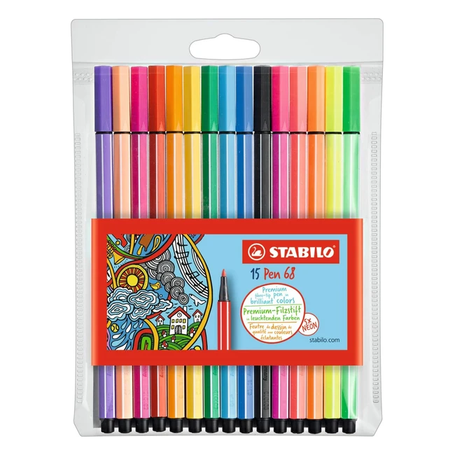 Premium Fibretip Pen Stabilo Pen 68 - 15er Pack - Verschiedene Farben inkl. 5 Neonfarben