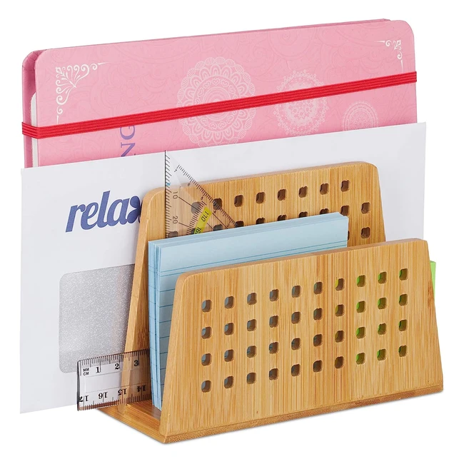 Relaxdays Bamboo Document Holder - 2 Perforated Compartments - Handy Letter Rack