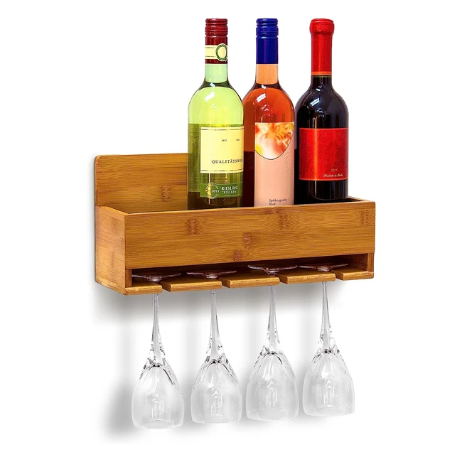 Relaxdays Wine Shelf with Glass Holder - 4 Bottles 4 Glasses - Bamboo - Rustic 