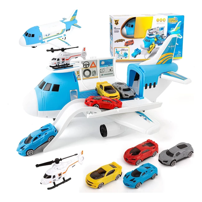 Shayson Transport Cargo Airplane Car Toy Set - Ages 3 - Includes 4 Cars  1 Hel