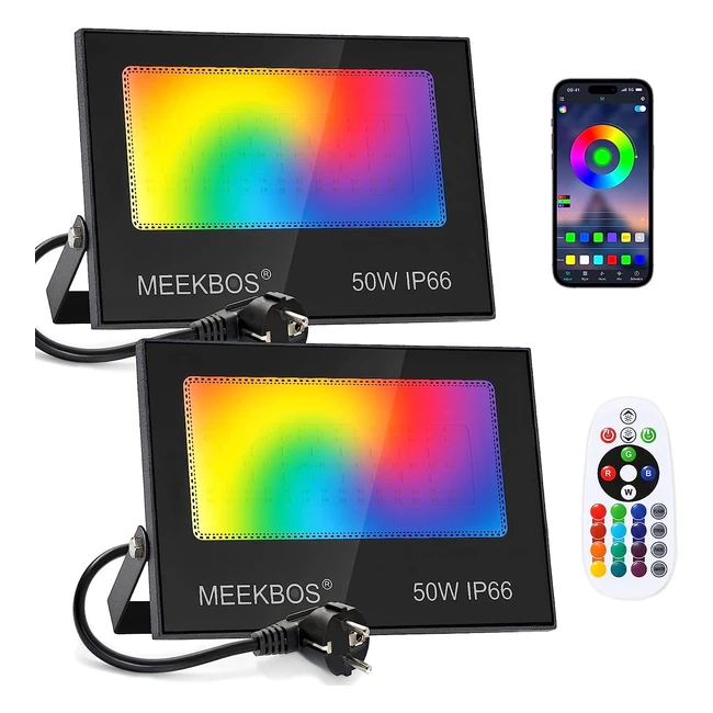 Foco LED RGB Exterior 50W - Proyector RGBW con App Bluetooth y Control Remoto - IP66 Impermeable - 5000lm - Luz Blanca Cálida - Jardín, Fiestas, Pascua