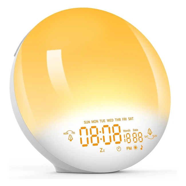 Sunrise Alarm Clock Wake Up Light Dual Alarms with Radio | Brightness Adjustable Night Light | 7 Natural Sounds | USB Charger Port