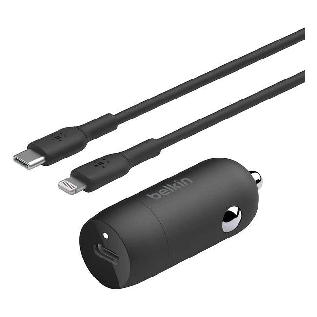 Belkin Boost Charge 30W Schnellladegerät fürs Auto, kompaktes Modell mit USB-C Power Delivery Port, inklusive USB-C zu Lightning Kabel, kompatibel mit iPhone 14 Serie, iPad und mehr, schwarz