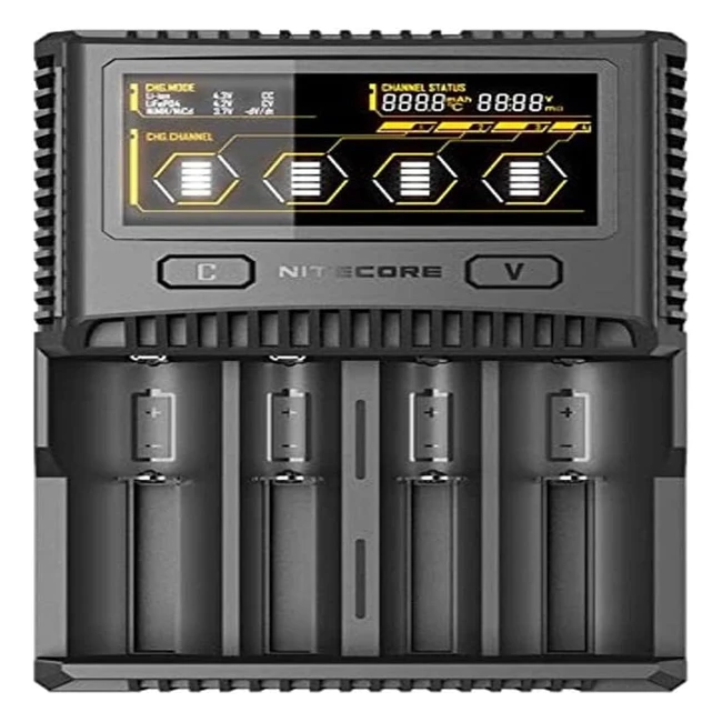 Chargeur de Batterie Nitecore SC4 - Mixte Adulte - Noir - Référence: SC4 - Charge 4 Batteries - Sortie: 4.35V/1.42V/1.37V/1.14-8V - 1 Port USB 5V/5.3A - 2 Ports USB 5V/1.5A - Compatible avec AA/AAA/AAAA/C/D - Entrée: AC 100-240V 50/60Hz - Sortie: DC 12V/3