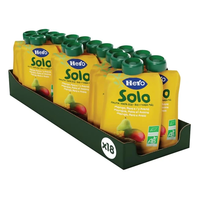 Hero Solo Pouch Frutta Frullata 100% Bio Mango Pera e Avena - Senza Zuccheri Aggiunti - Pack da 18 Confezioni x 100g
