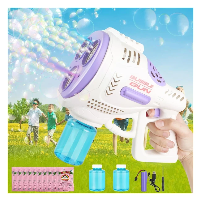 Bubble Machine Gun for Kids - Automatic Bubble Blaster 360Leakproof - LED Lights - Rechargeable - Purple