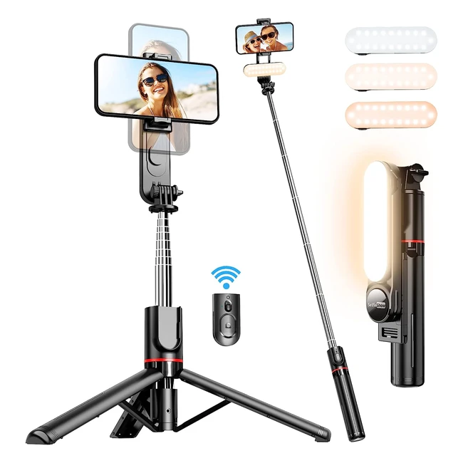 Bastone Selfie Treppiede con Luce di Riempimento - Extra Lungo 111cm - Telecomando Staccabile - Compatibile con iPhone Samsung Huawei