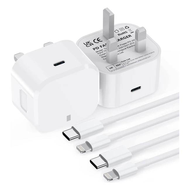 Apple MFi Certified iPhone Charger Plug + 2m Cable 2 Pack | 20W USB-C Fast Charger Plug with Lightning Cable | Power Delivery 30 | Compatible with iPhone 14 13 12 11 SE Series | XS Max XS XR X 8 7 iPad