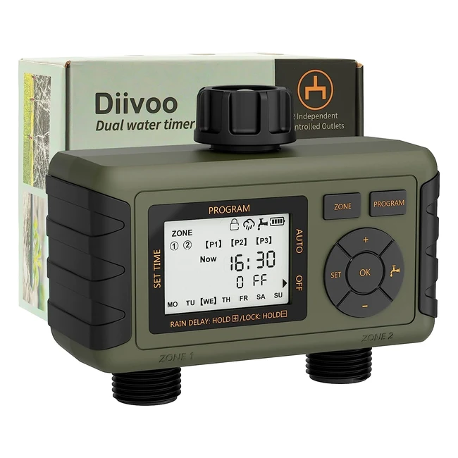 Diivoo Water Timer 2 Outlet - Programmable Irrigation Timer with Rain Delay - La