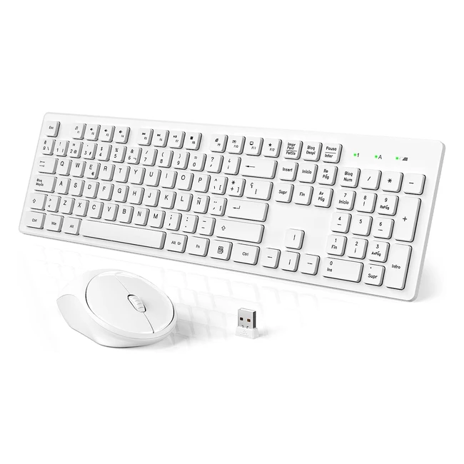 Teclado y Ratón Inalámbrico 24GHz - Pack de Teclado Mouse - Tamaño Completo - Ratón Silencioso 1600DPI - Windows PC Chromebook Laptop - Blanco