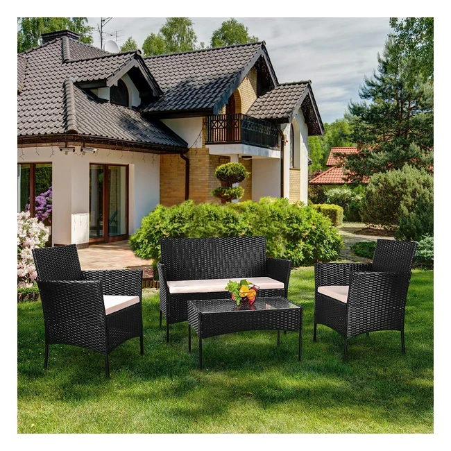 Salon de jardin extérieur 4 places, canapé 2 places, fauteuils en résine tressée rotin pour jardin balcon noir