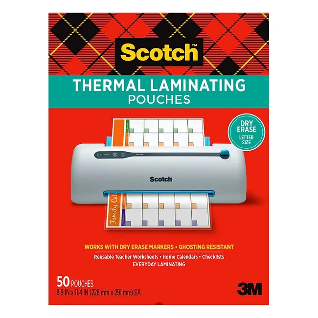 Scotch Dry Erase Thermal Laminating Pouches - 50 Pack - Reusable - 89 x 114 Inches - Letter Size - Clear Finish