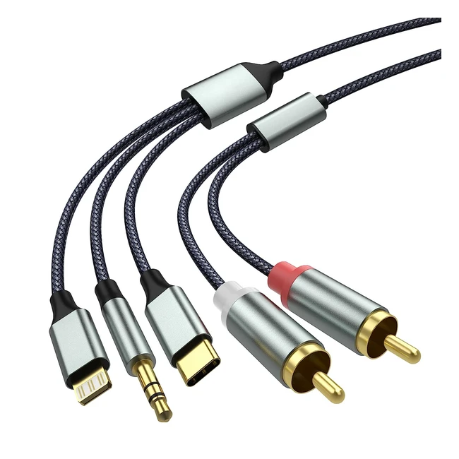 Cable Cinch para iPhone 5/3m - Cable Jack a 2 RCA - Cable USB C a 2 RCA - 3 en 1 - Compatible con Lightning