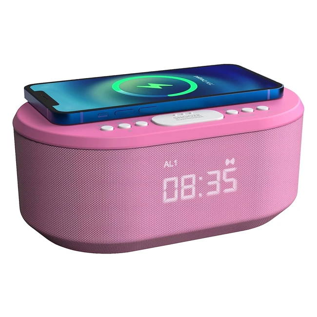 Réveil digital avec chargement sans fil Qi, port de chargement USB, radio FM, double alarme et affichage LED - Rose