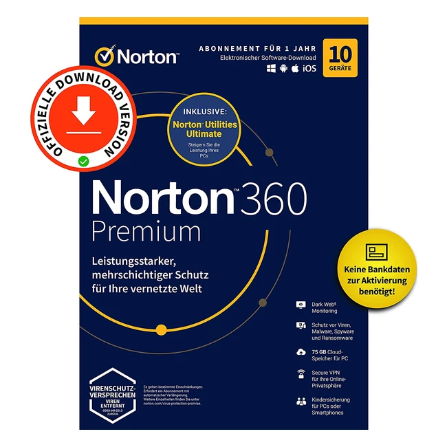 Norton 360 Premium - Ultimativer Schutz für 10 Geräte - 1 Benutzer - 1 Jahr - Aktivierungscode per E-Mail