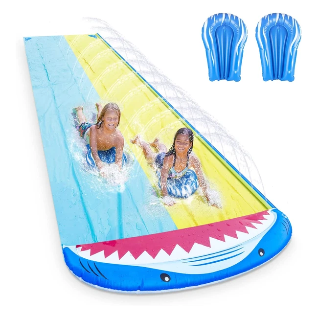 Tapis de glisse eau 48 x 14m forme requin double toboggan gonflable piscine avec 2 planches bodyboard