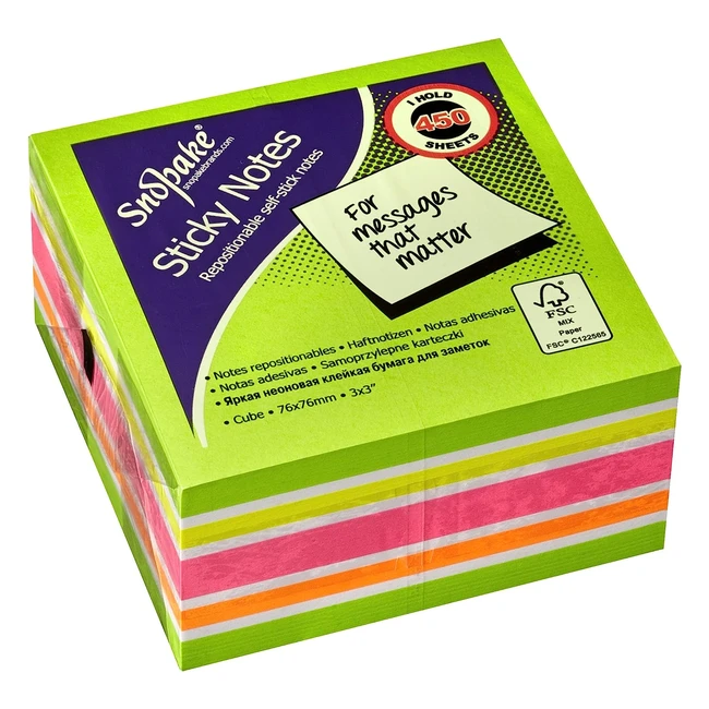 Snopake 76x76mm Green Rainbow Neonmix Sticky Notes Cube 450 Sheets
