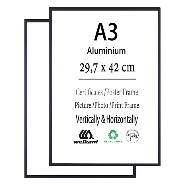 A3 Aluminium Picture Frame - 2 Pack - Black - Easy to Install - Plexiglass - Wall Mount or Table Top Display