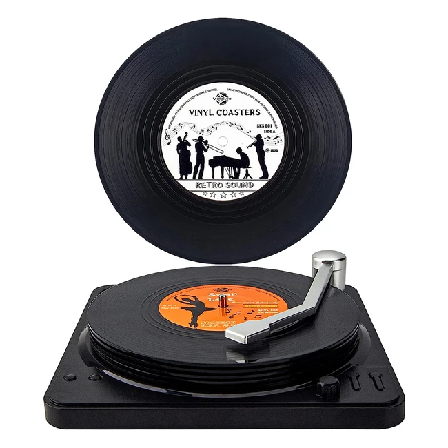 Funny Retro Vinyl Record Coasters with Player - Set of 6 - Unique Labels - Valdi