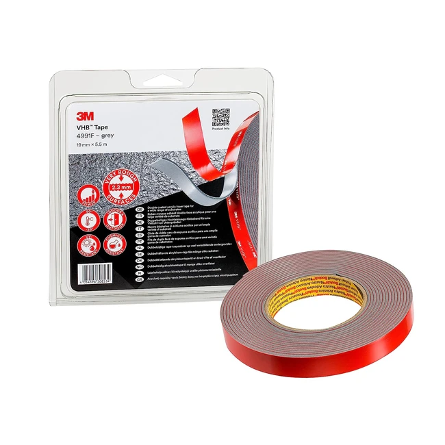3M VHB 4991F Double Sided Adhesive Tape - Strong  Durable - 19mm x 55m - Grey