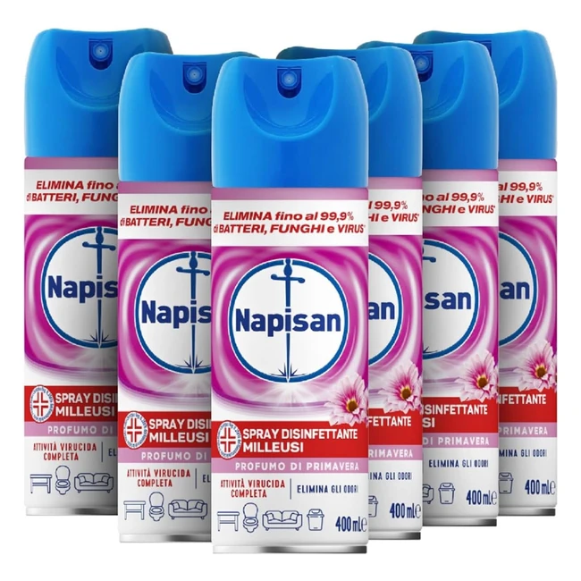 Napisan Spray Disinfettante Milleusi - Elimina il 99,9% di Batteri, Funghi e Virus - Profumo di Primavera - 6 Spray da 400ml