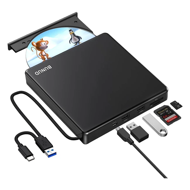 External CD DVD Drive USB 3.0 Type-C - Burner Writer Rewriter - SD/TF Card Slot - 2 USB Ports - DVD Player for Laptop PC - Macbook Pro Air - Brand XYZ